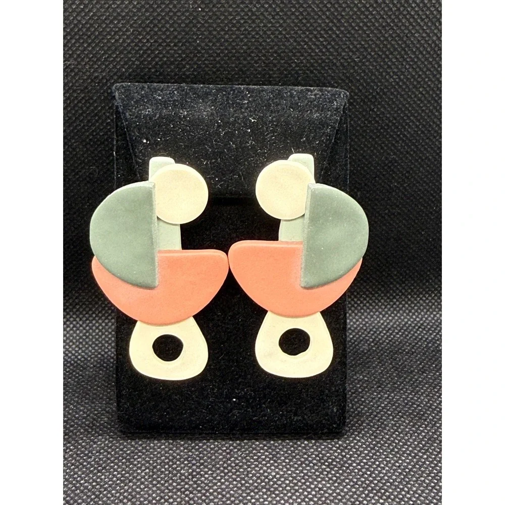 Vintage Geometric Abstract Drop Earrings Memphis Style Matte Clay Artisan Made